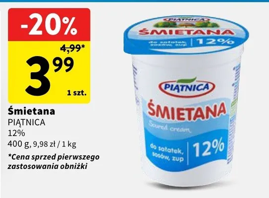 Śmietana Piątnica 12% promocja w Intermarche