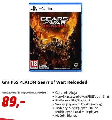 Gra PS5 PLAION Gears of War: Reloaded promocja w Media Markt