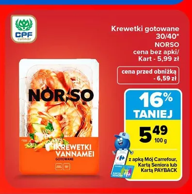 Krewetki gotowane Norso promocja w Carrefour Market