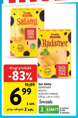 Ser żółty w plastrach Serenada Salami promocja w Intermarche