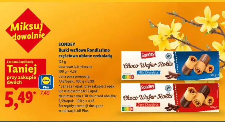 Rurki waflowe Rondissimo częściowo oblane czekoladą deserowe lub mleczne promocja w Lidl