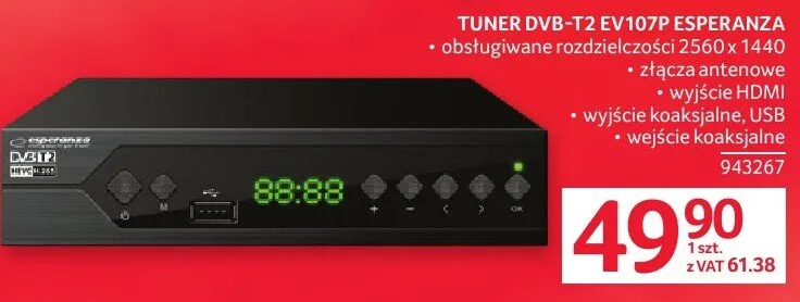 Tuner DVB-T2 EV107P Esperanza promocja w Selgros