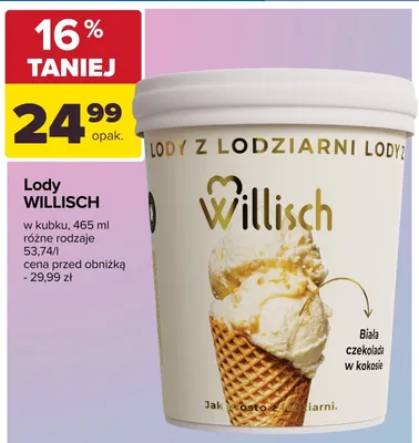 Lody Willisch biała czekolada w kokosie promocja w Carrefour