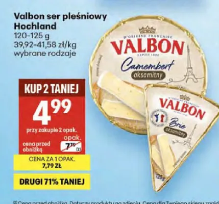 Ser pleśniowy Valbon Camembert aksamitny Hochland promocja w Delikatesy Centrum