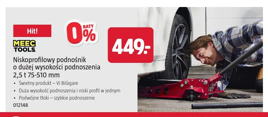 Niskoprofilowy podnośnik o dużej wysokości podnoszenia 2,5t 75-510 mm Meec Tools promocja w Jula