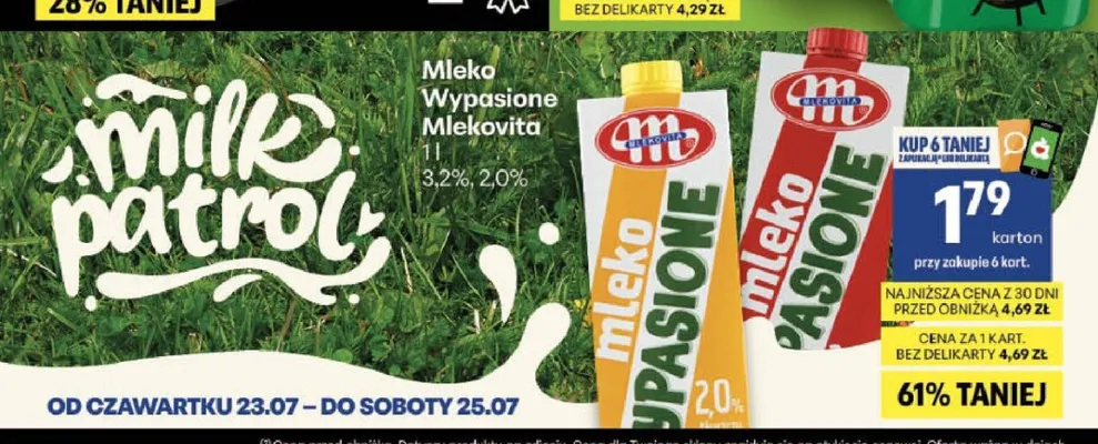 Mleko UHT Wypasione Mlekovita 3,2% promocja w Delikatesy Centrum