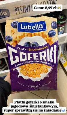 Płatki śniadaniowe Goferki Lubella o smaku jagodowo-śmietankowym promocja w Dino