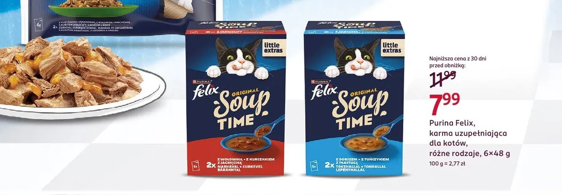 Karma dla kotów Purina Felix Original Soup Time z wołowiną kurczakiem i jagnięciną 6-pak 48 g promocja w Rossmann