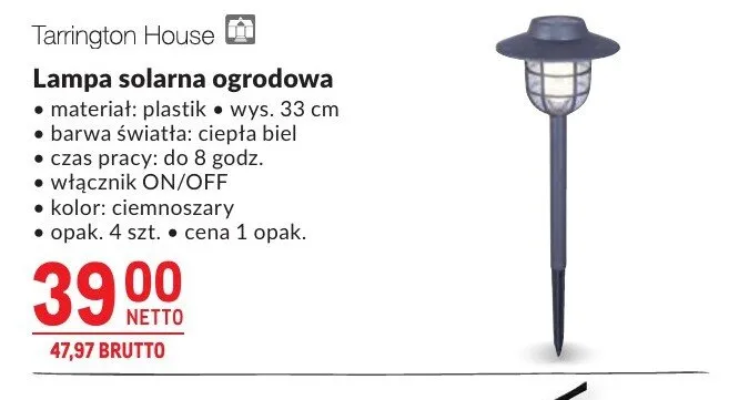 Lampa solarna ogrodowa Tarrington House plastik 33cm ciepła biel ciemnoszary 4-pak promocja w Makro