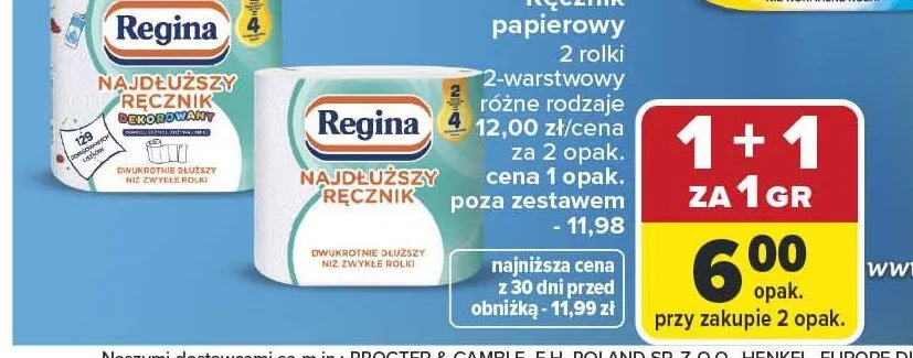 Ręcznik papierowy Regina najdłuższy ręcznik 2 rolki promocja w Carrefour Market