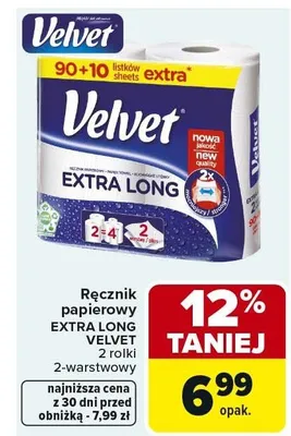 Ręcznik papierowy EXTRA LONG VELVET 2 rolki 2-warstwowy promocja w Carrefour