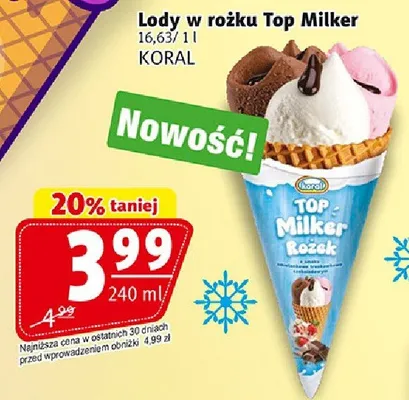 Lody w rożku Top Milker promocja w Prim Market