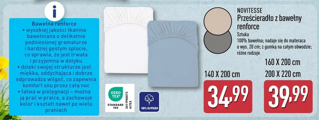 Prześcieradło z bawełny renforce promocja w Aldi