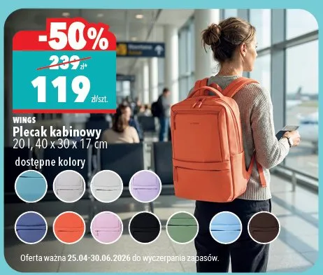 Plecak kabinowy Wings 20l 40x30x17cm promocja w Biedronka Home