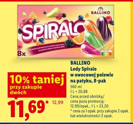 Lody Spiralo w owocowej polewie na patyku Ballino 8-pak promocja w Lidl