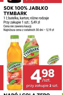 Sok 100% jabłko Tymbark karton promocja w Stokrotka