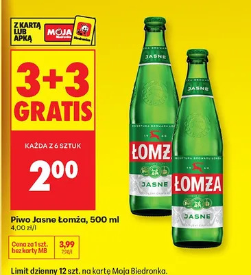 Piwo Łomża Jasne 3+3 GRATIS promocja w Biedronka