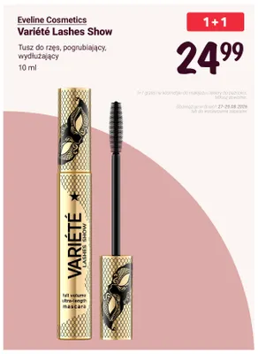 Tusz do rzęs pogrubiający wydłużający Eveline Cosmetics Variété Lashes Show promocja w Rossmann