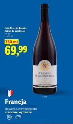 Wino czerwone Haut Côtes de Beaune Cellier de Saint Jean promocja w Lidl