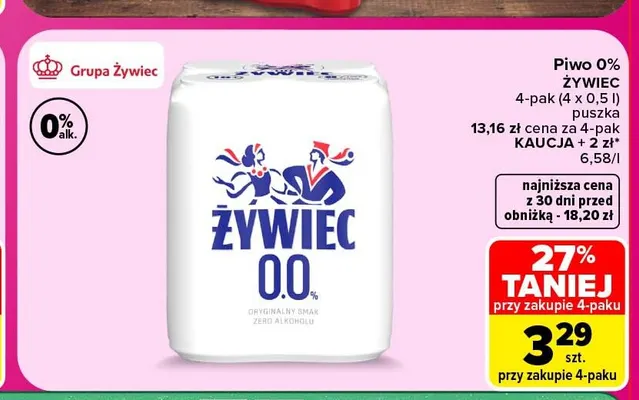 Piwo bezalkoholowe Żywiec 4-pak promocja w Carrefour