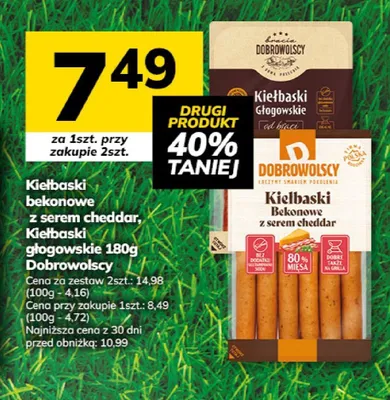 Kiełbaski bekonowe z serem cheddar Dobrowolscy 180g promocja w Hitpol