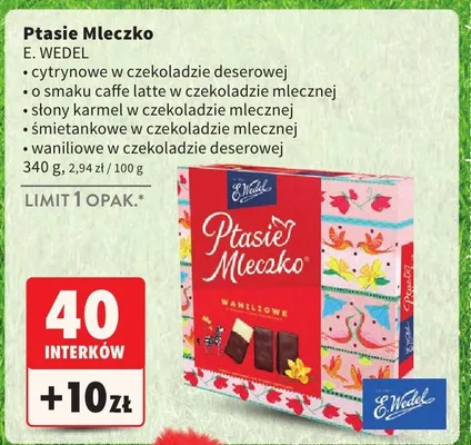 Ptasie Mleczko cytrynowe w czekoladzie deserowej, o smaku caffe latte w czekoladzie mlecznej, słony karmel w czekoladzie mlecznej, śmietankowe w czekoladzie mlecznej, waniliowe w czekoladzie deserowej promocja w Intermarche
