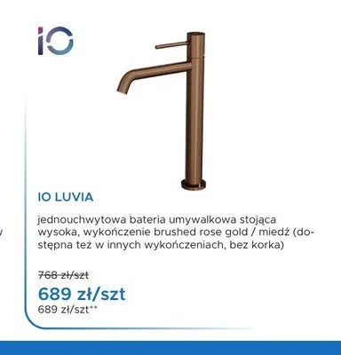 Bateria umywalkowa iO Luvia wysoka brushed rose gold promocja w Blu Salony Łazienek