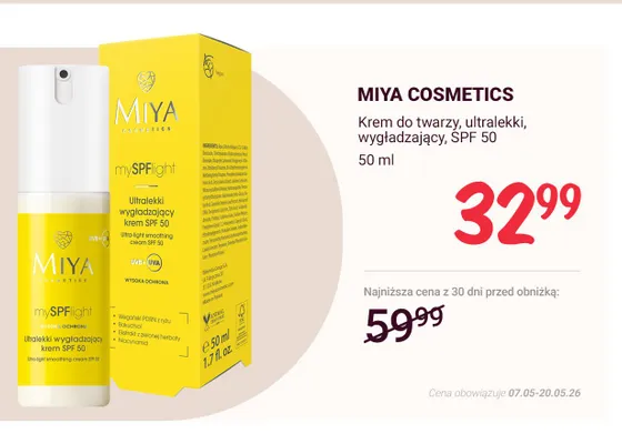 Krem do twarzy ultralekki wygładzający SPF 50 MIYA COSMETICS promocja w Rossmann