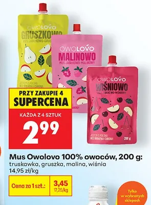 Mus Owolovo 100% owoców gruszka promocja w Biedronka