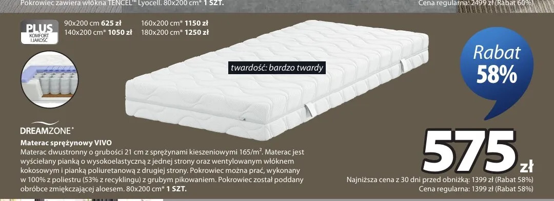 Materac sprężynowy Vivo 140x200 cm Dreamzone promocja w Jysk