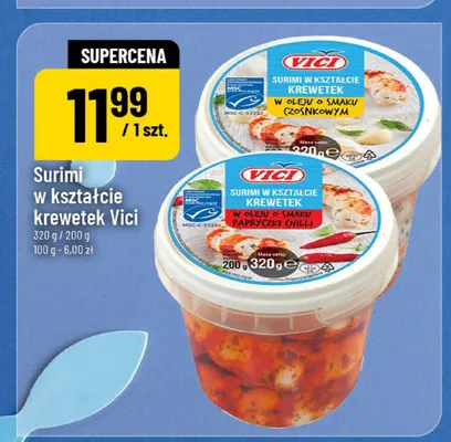 Surimi w kształcie krewetek Vici w oleju o smaku czosnkowym promocja w POLOmarket