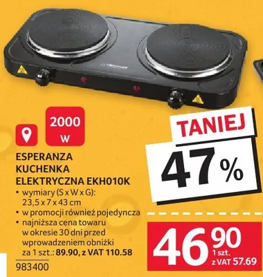 Kuchenka elektryczna ESPERANZA KUCHENKA ELEKTRYCZNA EKH010K promocja w Selgros