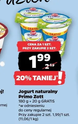 Jogurt naturalny Primo Zott 180g + 20g GRATIS promocja w Netto