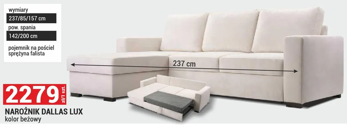 Narożnik DALLAS LUX kolor beżowy promocja w Merkury Market