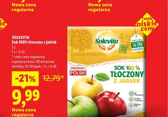 Sok 100% tłoczony z jabłek Solevita promocja w Lidl