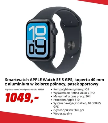 Smartwatch APPLE Watch SE 3 GPS koperta 40 mm z aluminium w kolorze północy pasek sportowy promocja w Media Markt