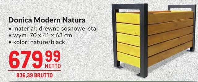 Donica Modern Natura materiał: drewno sosnowe, stal wym. 70 x 41 x 63 cm kolor: nature/black promocja w Makro