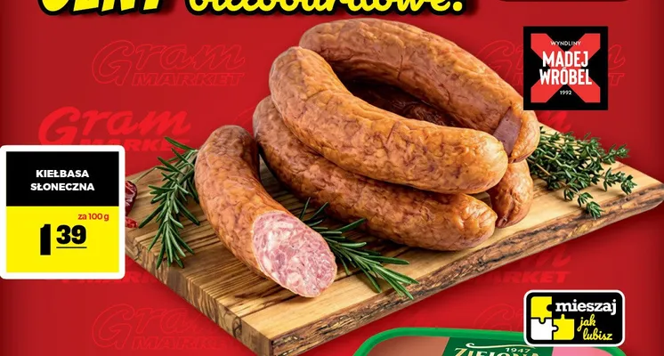Kiełbasa słoneczna Madej Wróbel promocja w Gram Market
