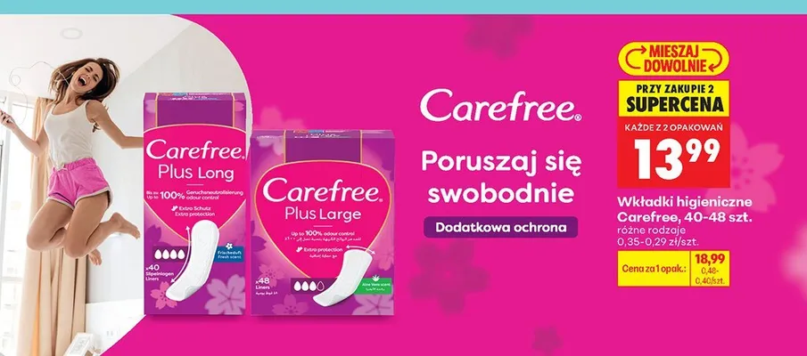 Wkładki higieniczne Carefree Plus Long promocja w Biedronka