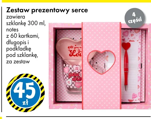 Zestaw prezentowy serce szklanka 300 ml notes długopis i podkładka promocja w Tedi