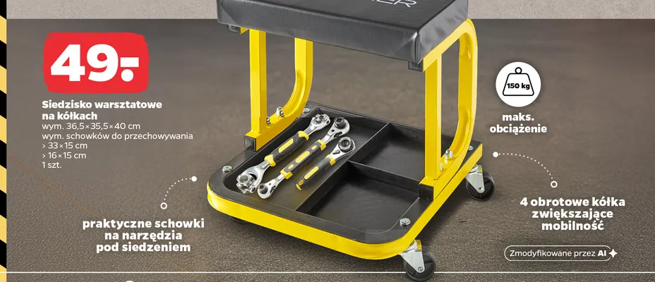 Siedzisko warsztatowe na kółkach Techliner promocja w Netto