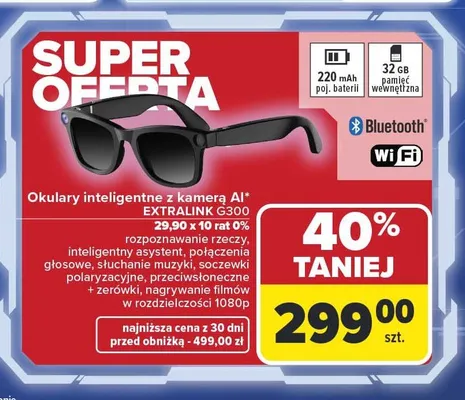 Okulary inteligentne z kamerą AI EXTRALINK G300 promocja w Carrefour