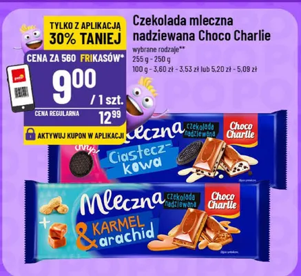Czekolada mleczna nadziewana Choco Charlie różne rodzaje Ciasteczka i Kawa lub Karmel i Arachidy promocja w POLOmarket