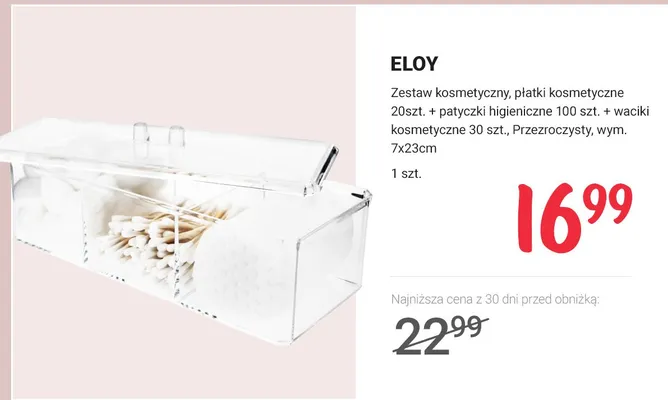 Zestaw kosmetyczny, płatki kosmetyczne + patyczki higieniczne + waciki kosmetyczne Eloy promocja w Rossmann