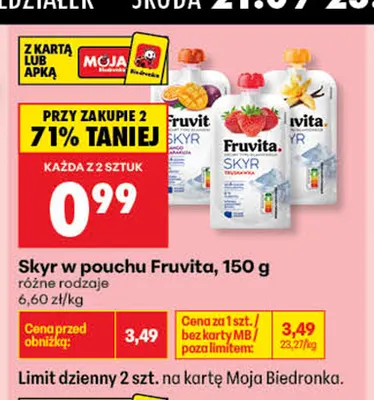 Jogurt Skyr w pouchu Fruvita Truskawka promocja w Biedronka