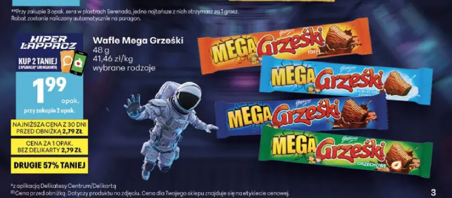 Wafle Mega Grześki w mlecznej czekoladzie promocja w Delikatesy Centrum