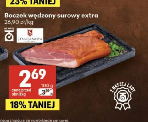 Boczek wędzony surowy extra Stanisławów promocja w Delikatesy Centrum