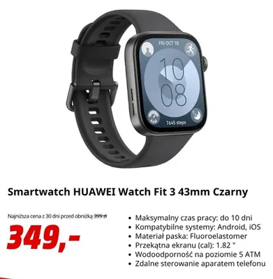 Smartwatch Huawei Watch Fit 3 43 mm czarny promocja w Media Markt
