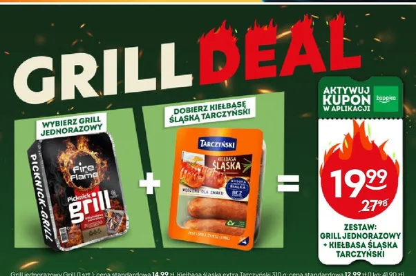 Zestaw grill jednorazowy Fire Flame + kiełbasa śląska extra Tarczyński promocja w Żabka