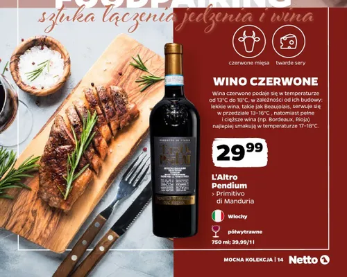 Wino czerwone L'Altro Pendium Primitivo di Manduria półwytrawne Włochy promocja w Netto